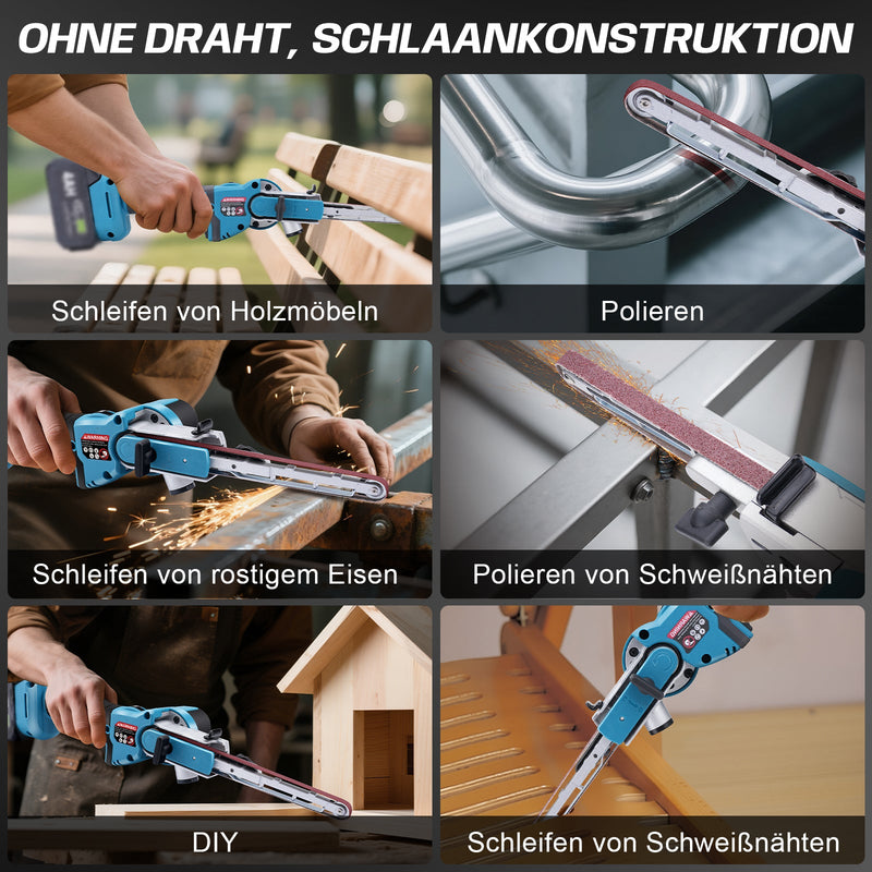 Cordless mini belt sander 18V with 6 speeds & dust port