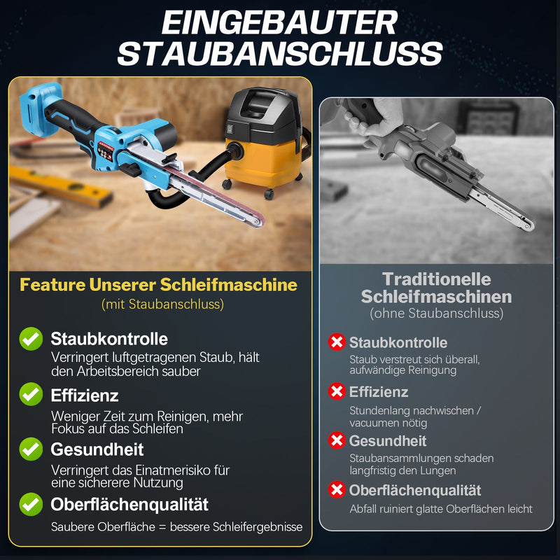 Trådløs mini-båndsliber 6 trin | 100° drejeligt slibebånd | Til træ & metal | Kompatibel med 18V-batteri