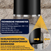 Diamond core drill bit for reinforced concrete – wet drilling, step crown, Ø25 mm+ steel, 460 mm