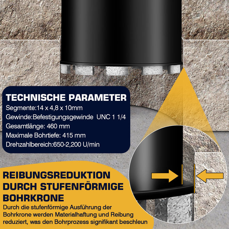 Diamond core drill bit for reinforced concrete – wet drilling, step crown, Ø25 mm+ steel, 460 mm