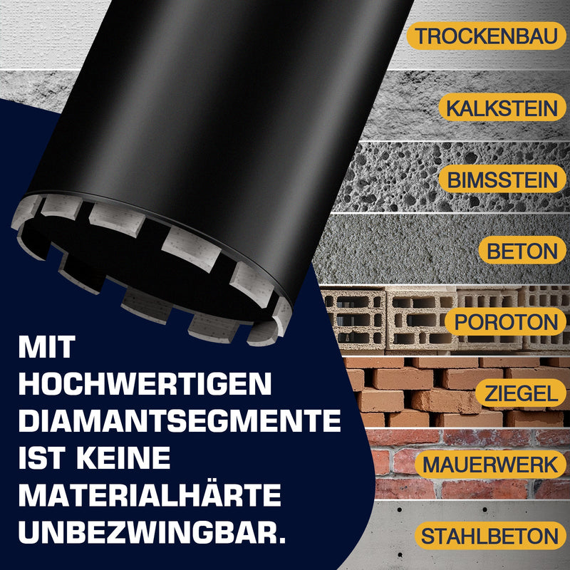 Diamond core drill for reinforced concrete – wet drilling, step crown, Ø25 mm+ steel, 460 mm