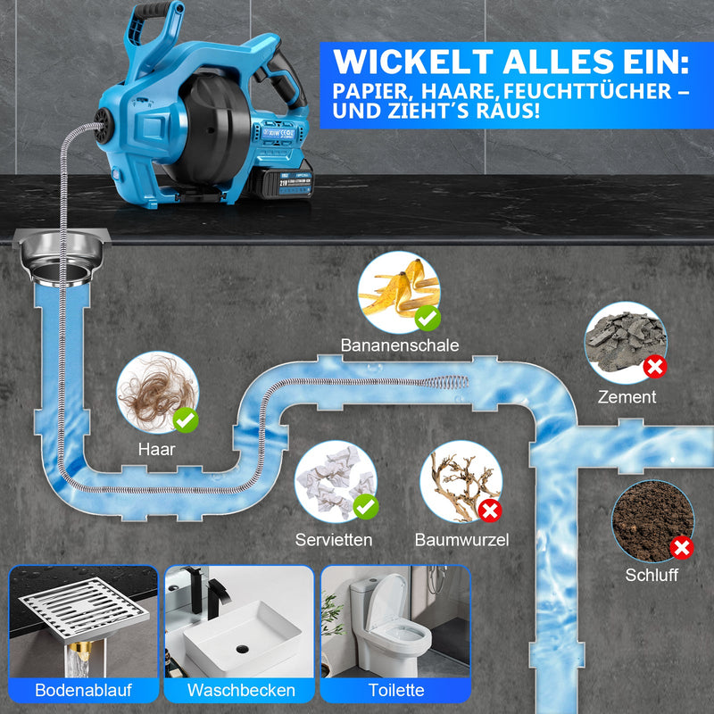 Kraftvoller 20V Akku Rohrreinigungsgerät - flexibel, mit stufenloser Drehzahlregelung