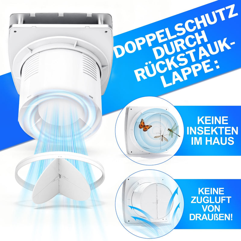 Leiser Abluftventilator 150mm, 240 m³/h mit Feuchtigkeitssensor & IPX4 Schutz, Nachlauffunktion und Rückstauklappe für Bad & Küche