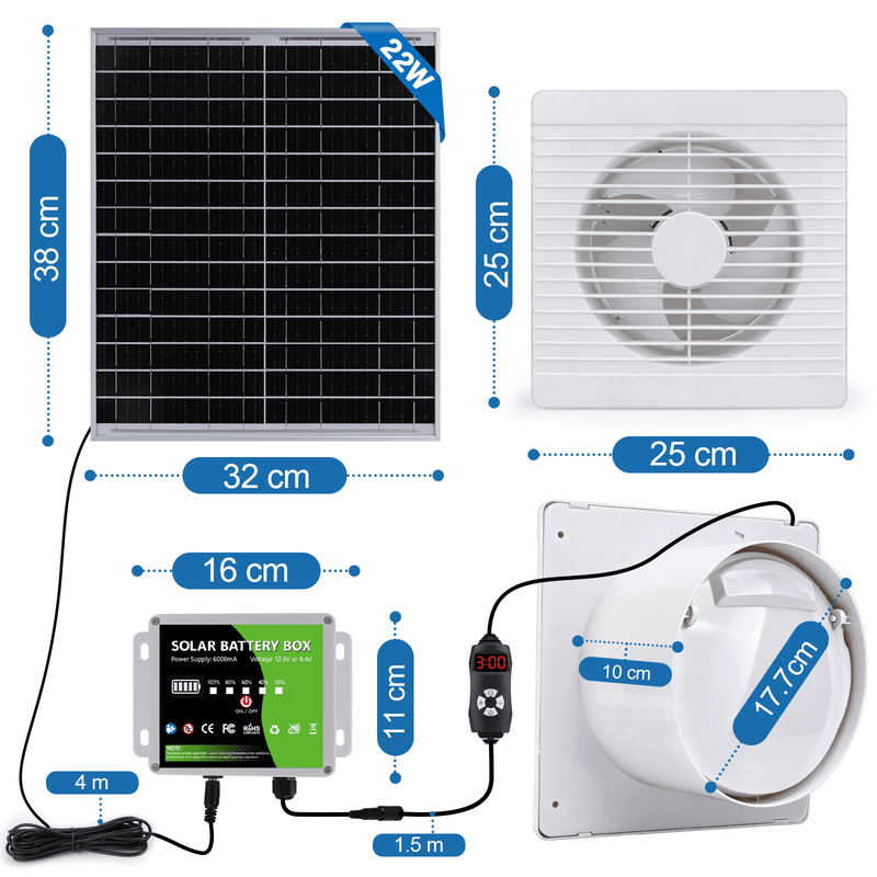 Leiser Solarventilator 200mm – Akku - betrieben, ideal für Hühnerstall, Gewächshaus & Schuppen