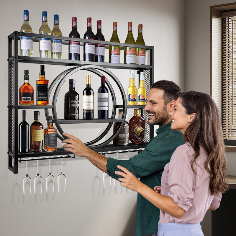 Luxury black metal wine rack| wall-mounted with glass holder – bar rack for kitchen & living room