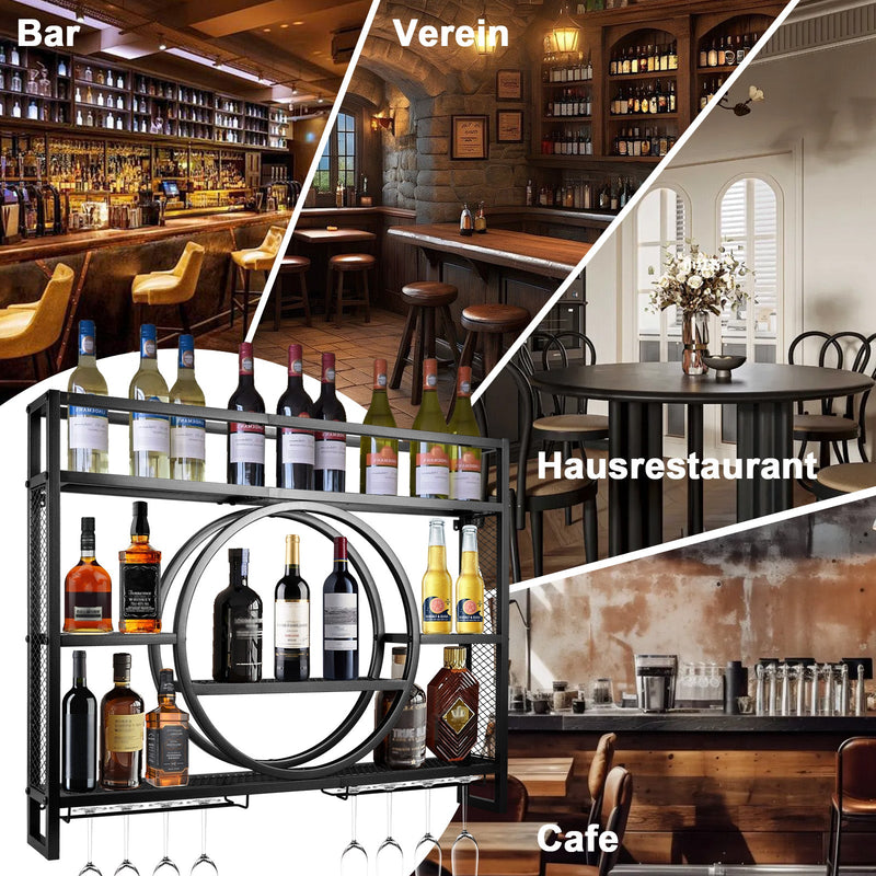 Luxurious Black Metal Wine Rack | Wall Mount with Glass Holder – Bar Rack for Kitchen & Living Room