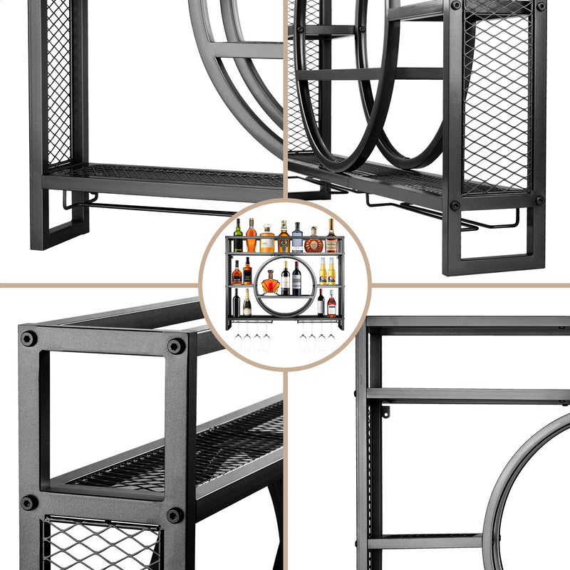 Luxurious black metal wine rack | wall-mounted with glass hanger – bar rack for kitchen & living room