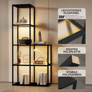 Solid wood shelf with LED lighting – two tempered glass shelves, dimmable, space-saving, modern for living room or office