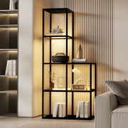 solid wood shelf with LED lighting – two tempered glass shelves, dimmable, space-saving, modern for living room or office