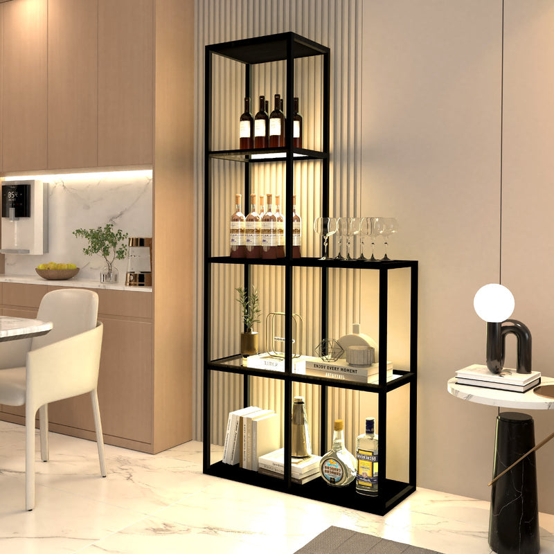 solid wood shelf with LED lighting – two tempered glass shelves, dimmable, space-saving, modern for living room or office
