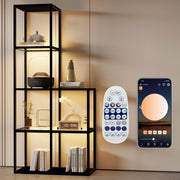 solid wood shelf with LED lighting – two tempered glass shelves, dimmable, space-saving, modern for living room or office