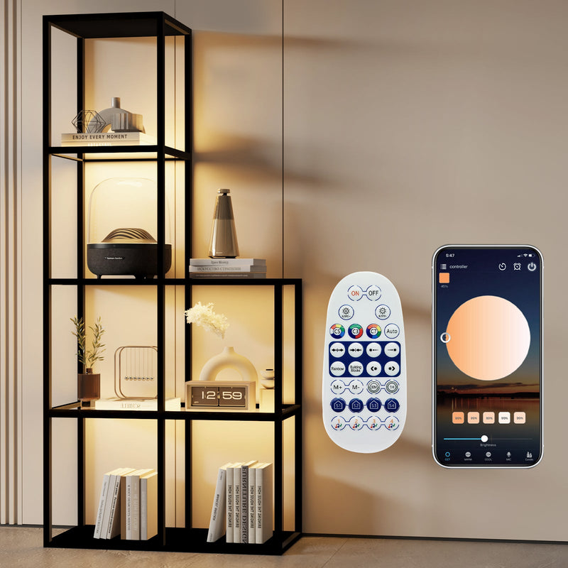 solid wood shelf with LED lighting – two tempered glass shelves, dimmable, space-saving, modern for living room or office