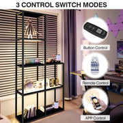 Solid wood shelf with LED lighting – two tempered glass shelves, dimmable, space-saving, modern for living room or office