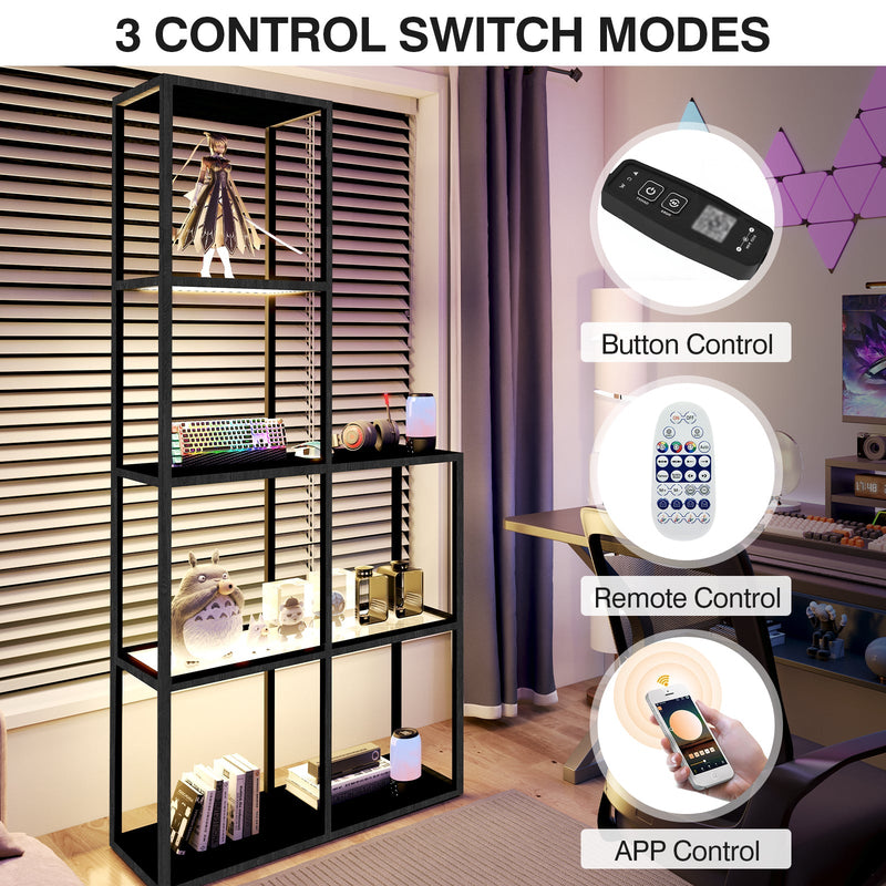 Solid wood shelf with LED lighting – two tempered glass shelves, dimmable, space-saving, modern for living room or office