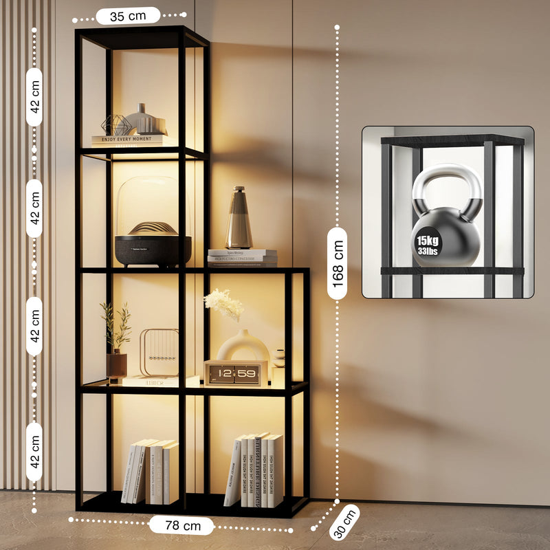 Solid wood shelf with LED lighting – two tempered glass shelves, dimmable, space-saving, modern for living room or office
