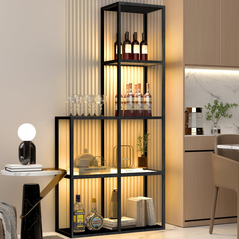 Massive wood shelf with LED lighting – two tempered glass shelves, dimmable, space-saving, modern for living room or office