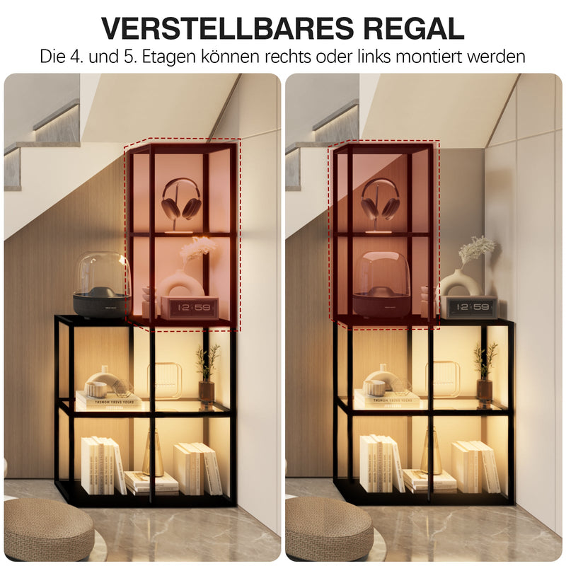 Massive wood shelf with LED lighting – two tempered glass shelves, dimmable, space-saving, modern for living room or office