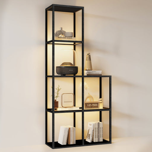 Massief houten rek met ledverlichting – Twee geharde glazen legplanken, dimbaar, ruimtebesparend, modern voor woonkamer of kantoor
