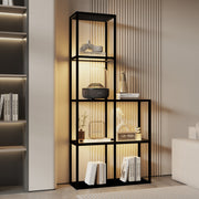 Solid wood shelf with LED lighting – two tempered glass shelves, dimmable, space-saving, modern for living room or office