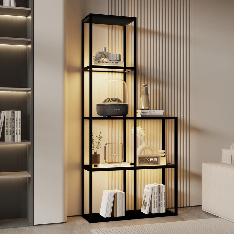 Solid wood shelf with LED lighting – two tempered glass shelves, dimmable, space-saving, modern for living room or office