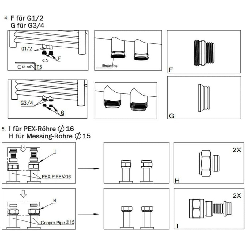 Messing radiatorventilsæt i hvid med termostat – 1/2" og 3/4" tilslutninger