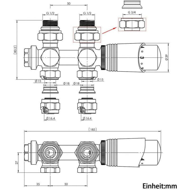 Messing radiatorventilsæt hvidt med termostat – 1/2" og 3/4" tilslutninger