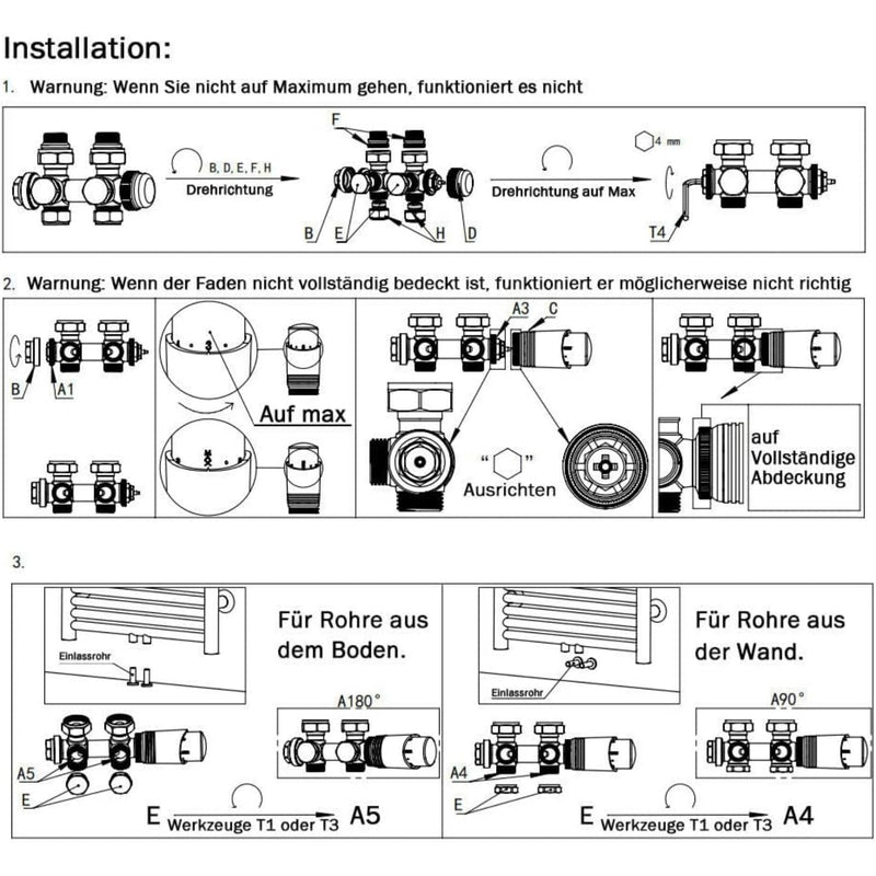 Hvidt ventilsæt til radiator i messing med termostat – 1/2" og 3/4" tilslutninger