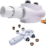 Hvidt ventilset i messing til radiator med termostat – 1/2" og 3/4" tilslutninger