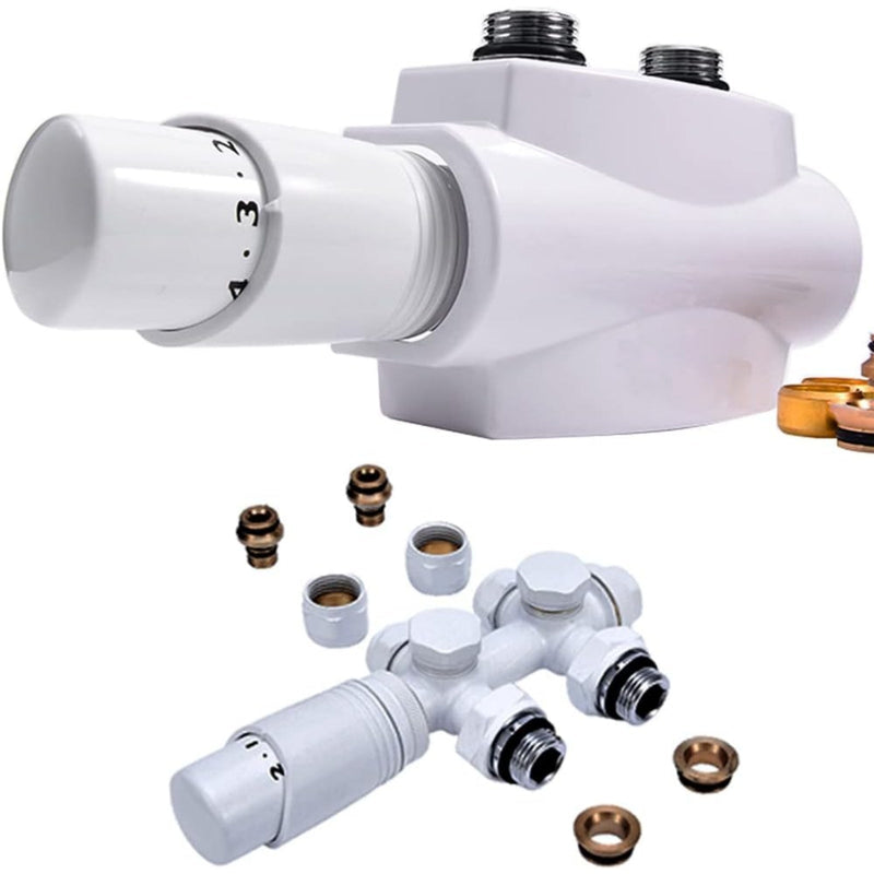 Hvidt ventilset i messing til radiator med termostat – 1/2" og 3/4" tilslutninger