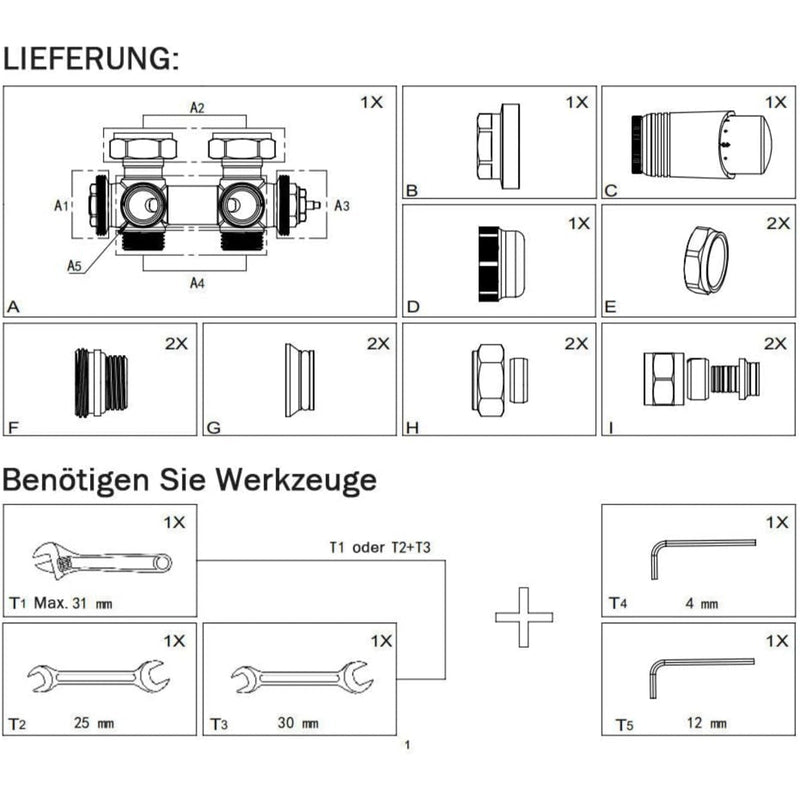 Hvidt ventilsæt til messingradiator med termostat – 1/2" og 3/4" tilslutninger