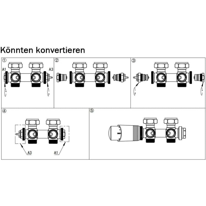 Hvidt ventilset i messing til radiator med termostat – 1/2" og 3/4" tilslutninger