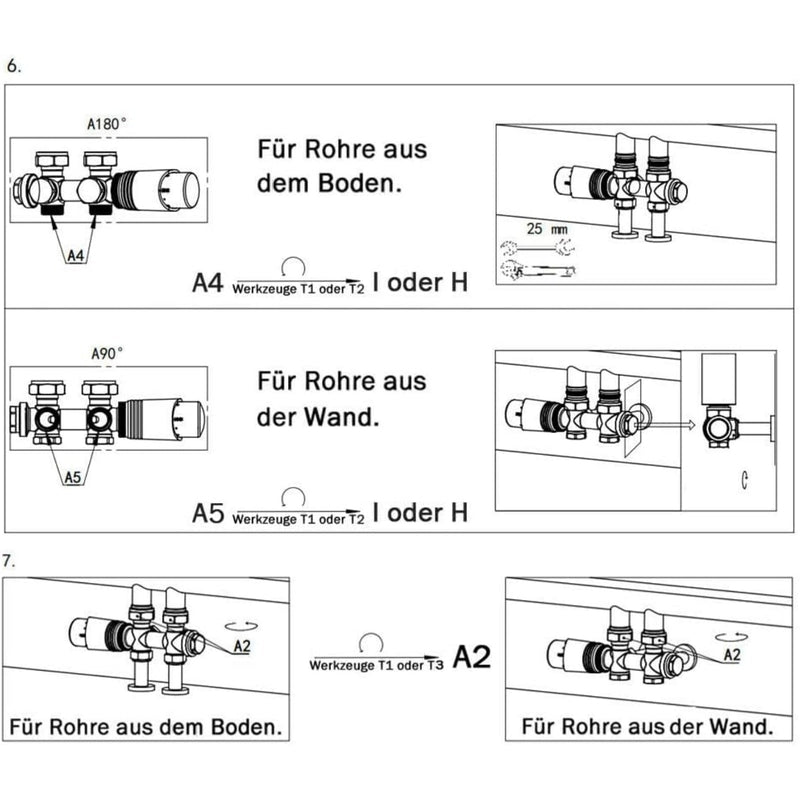 Hvidt ventilset til messingradiator med termostat – 1/2" og 3/4" tilslutninger