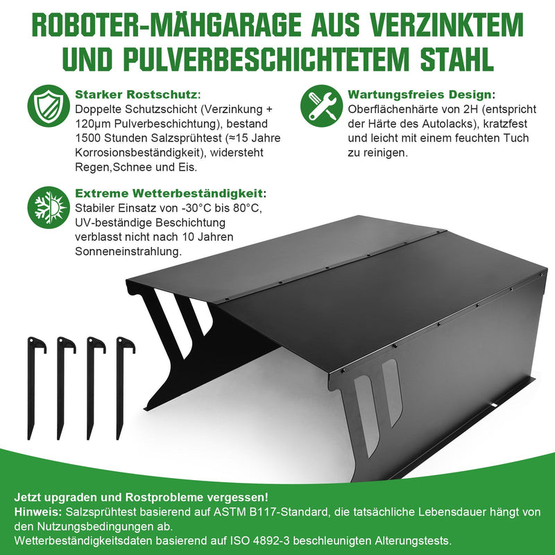 Robust garage för robotgräsklippare i stål – väderbeständig, rostfri, UV-beständig, stötsäker, passar de flesta modeller