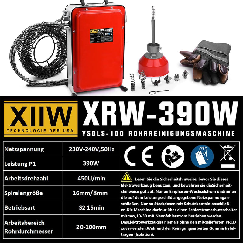 Rohrreiniger 390W mit 16mm 33M Spirale, Ø20 - 100mm Rohrreinigungsmaschine