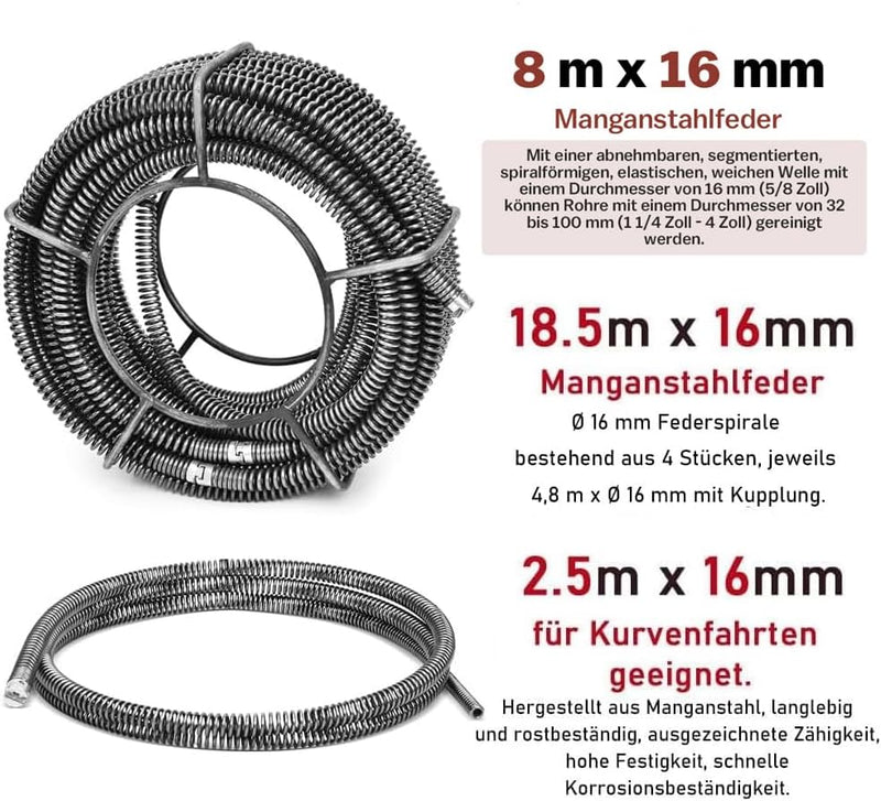 Putkenavaaja 500 W, 16 mm 29 m spiraalilla, Ø30–100 mm putkien puhdistuslaite