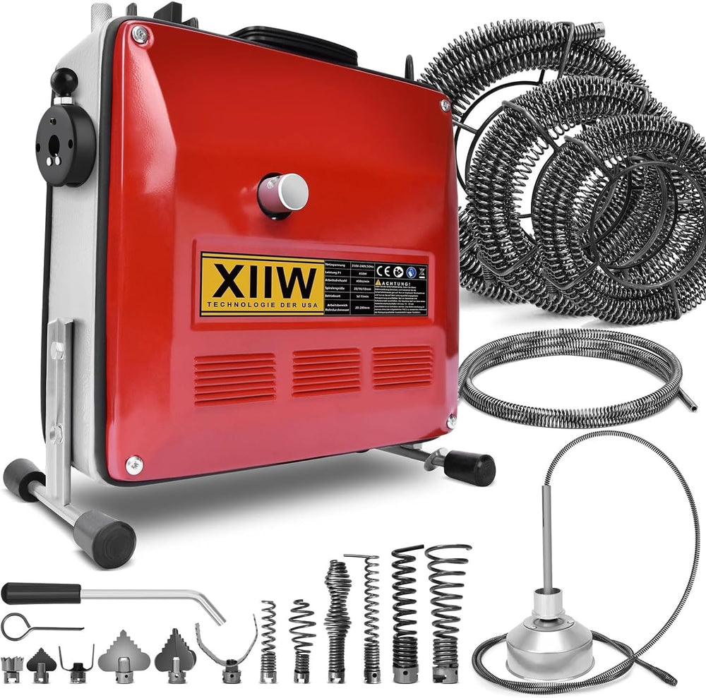 Rohrreinigungsmaschine 850W Set, Ø20 - 200mm Rohrleitungen, Spiralen 21/14,5/5m, 12 Köpfe, 450U/min