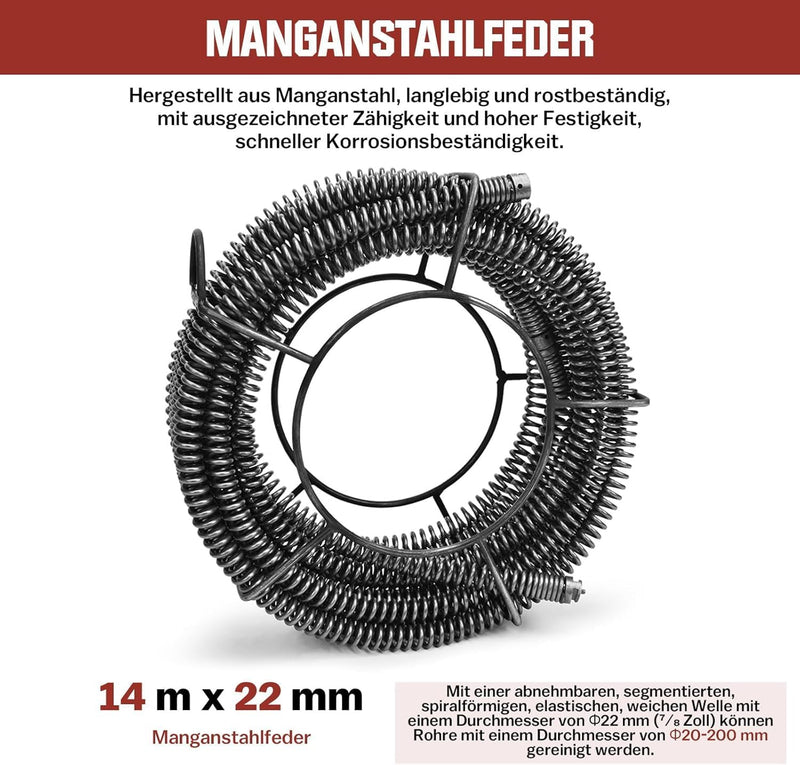 Rohrreinigungsmaschine 850W Set, Ø20 - 200mm Rohrleitungen, Spiralen 21/14,5/5m, 12 Köpfe, 450U/min