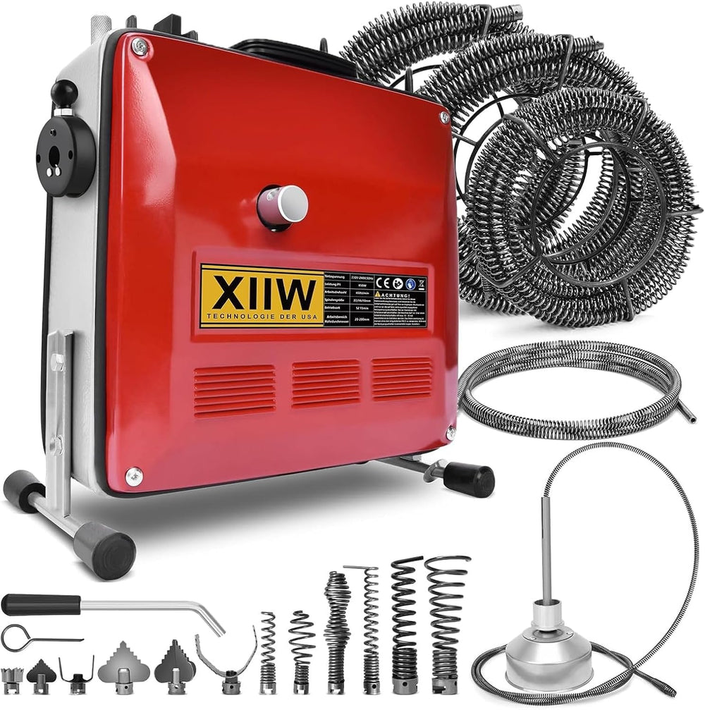 Rohrreinigungsmaschine 850W Set, Ø20 - 200mm Rohrleitungen, Spiralen 28/14,5/5m, 12 Köpfe
