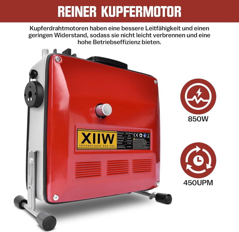 Rohrreinigungsmaschine 850W Set, Ø20 - 200mm Rohrleitungen, Spiralen 28/14,5/5m, 12 Köpfe