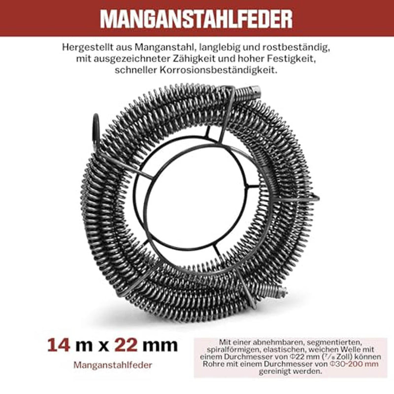 Machine de débouchage à spirale Ø22mm, longueur totale 14m, diamètre de tube : Ø 30 - 200 mm