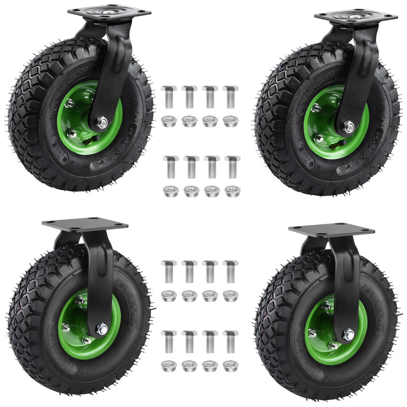 Heavy-duty caster set, 4 pcs – 2× 360° swivel casters + 2× fixed casters, air-filled 250 mm, solid rubber, all-terrain for workbench & cart