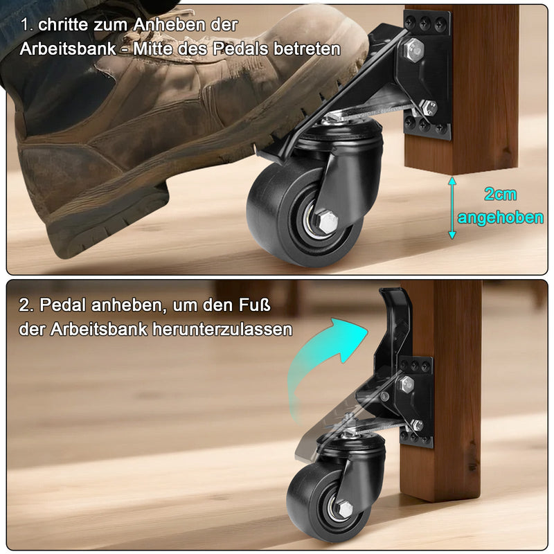 Retractable heavy-duty casters for workbench – 250 kg load capacity, 75 mm, 360° swivel, pedal mechanism, non-slip foot pedals