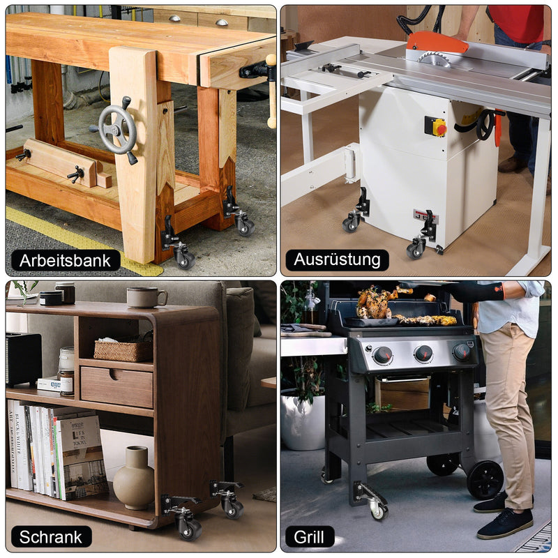 Heavy-duty retractable casters for workbench – 250 kg load capacity, 75 mm, 360° swivel, pedal mechanism, non-slip foot pedals