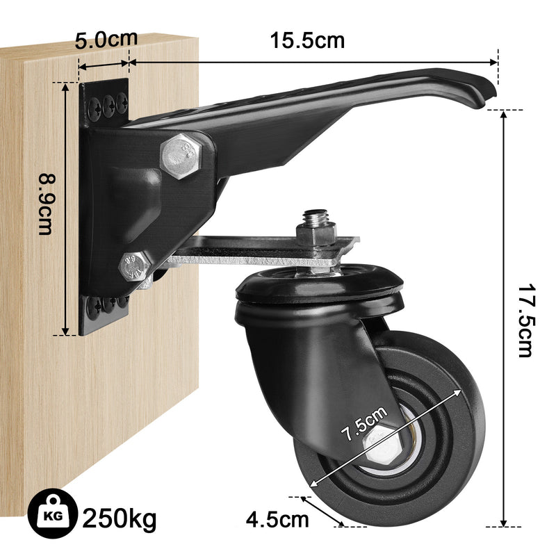Retractable heavy-duty casters for workbench – 250 kg load capacity, 75 mm, 360° swivel, pedal mechanism, non-slip foot pedals