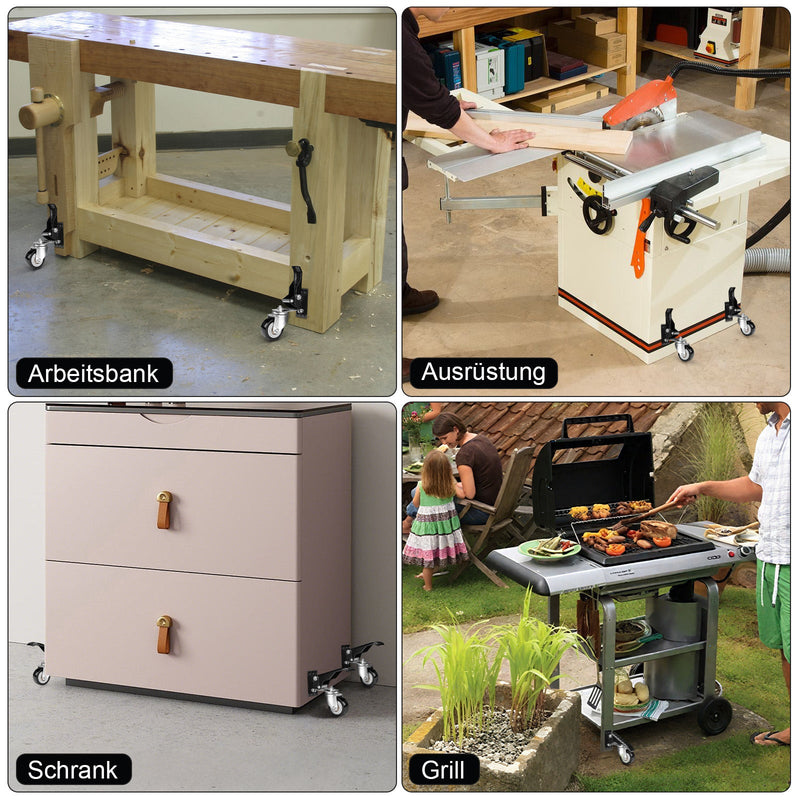 Lowerable heavy-duty casters for workbench – 50 mm, adjustable, 150 kg load capacity