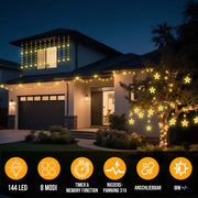S tar string lights 2 m, 144 LEDs, warm white, 8 modes, timer, IP44, for indoor & outdoor use