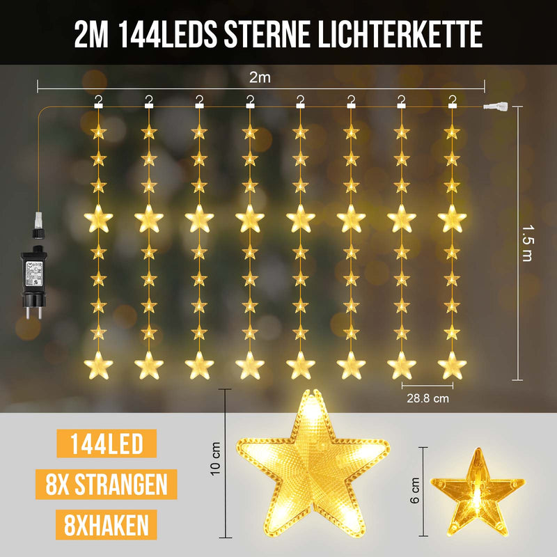 Star string lights 2 m, 144 LEDs, warm white, 8 modes, timer, IP44, for indoor & outdoor use
