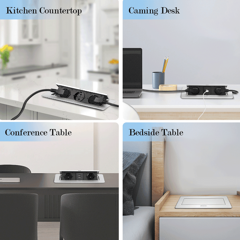 Infällbart borduttag 2-fack med 2x USB | Pop-up inbyggnadsuttag i aluminium | hålmått 223x110 mm