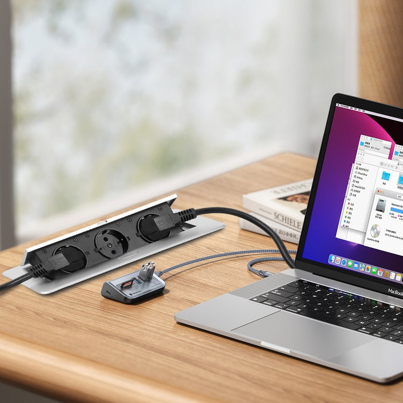 Infällbart borduttag 2-fack med 2x USB | Pop-up inbyggnadsuttag i aluminium | 223x110mm hålmått