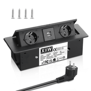 Infälld bordskontakt 2-fack med 2x USB | Pop-up-inbyggnadsuttag i aluminium | 223x110 mm hålmått